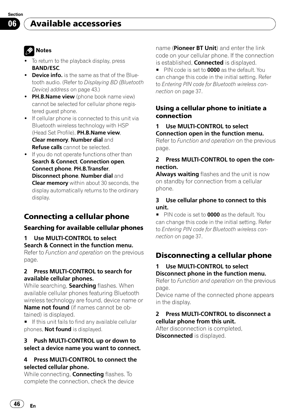 Connecting a cellular phone 46, Disconnecting a cellular phone 46, Available accessories | Connecting a cellular phone, Disconnecting a cellular phone | Pioneer DEH-P5100UB User Manual | Page 46 / 66