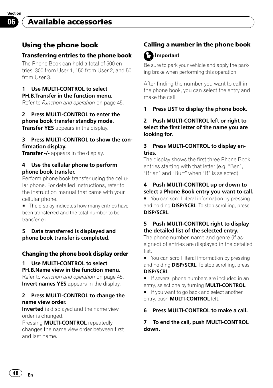 Using the phone book 48, Available accessories, Using the phone book | Pioneer DEH-P5100UB User Manual | Page 48 / 66