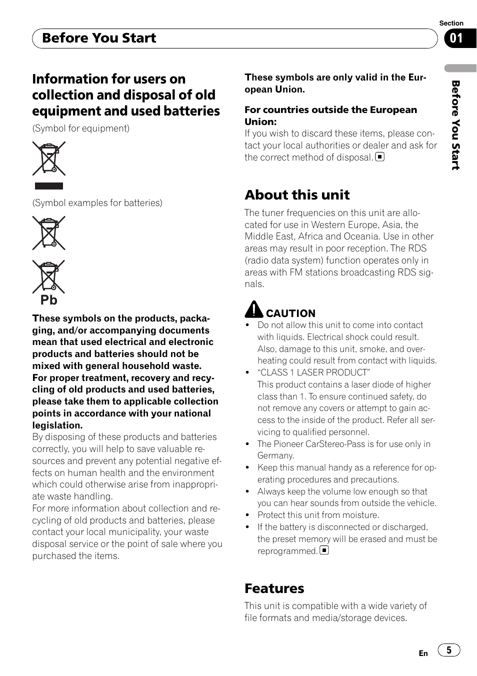 Before you start, Information for users on collection and, Disposal of old equipment and used batteries | About this unit, Features | Pioneer DEH-P5100UB User Manual | Page 5 / 66