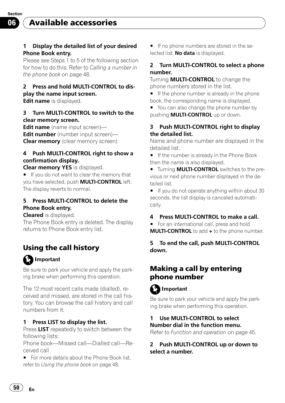 Using the call history 50, Making a call by entering phone, Number | Available accessories, Using the call history, Making a call by entering phone number | Pioneer DEH-P5100UB User Manual | Page 50 / 66