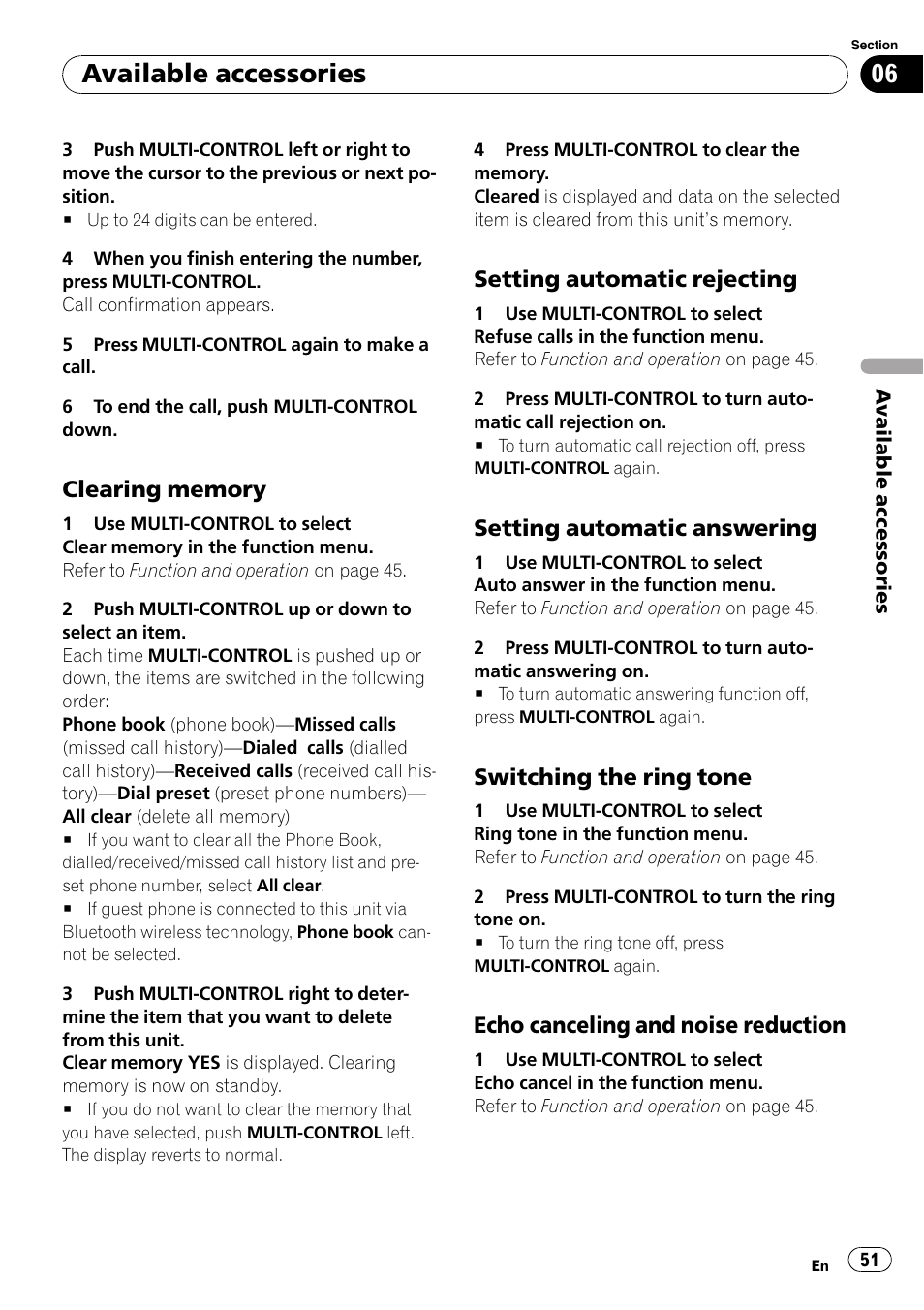 Clearing memory 51, Setting automatic rejecting 51, Setting automatic answering 51 | Switching the ring tone 51, Echo canceling and noise, Reduction, Available accessories, Setting automatic rejecting, Setting automatic answering, Switching the ring tone | Pioneer DEH-P5100UB User Manual | Page 51 / 66