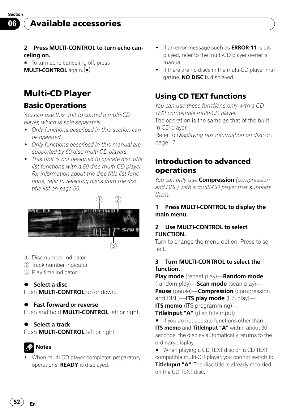 Multi-cd player, Basic operations 52, Using cd text functions 52 | Introduction to advanced, Operations, Available accessories, Basic operations, Using cd text functions, Introduction to advanced operations | Pioneer DEH-P5100UB User Manual | Page 52 / 66