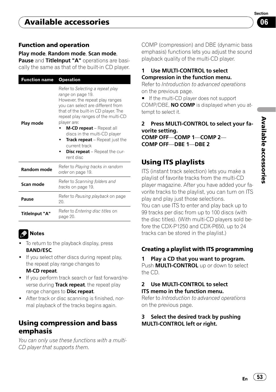 Using compression and bass, Emphasis, Using its playlists 53 | Available accessories, Using compression and bass emphasis, Using its playlists | Pioneer DEH-P5100UB User Manual | Page 53 / 66