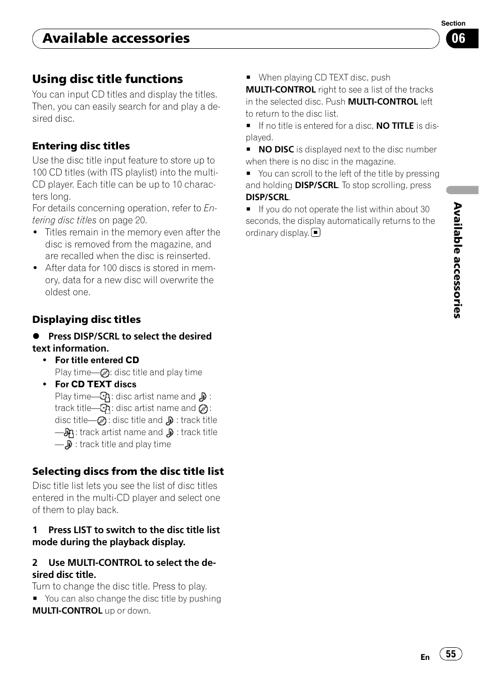 Using disc title functions 55, Available accessories, Using disc title functions | Pioneer DEH-P5100UB User Manual | Page 55 / 66