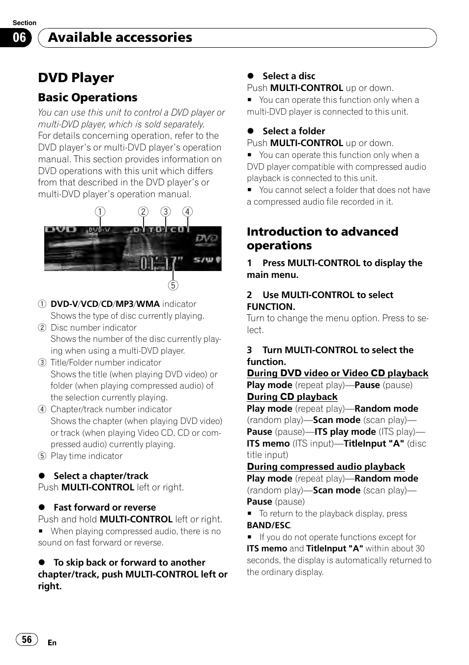 Dvd player, Basic operations 56, Introduction to advanced | Operations, Available accessories, Basic operations, Introduction to advanced operations | Pioneer DEH-P5100UB User Manual | Page 56 / 66