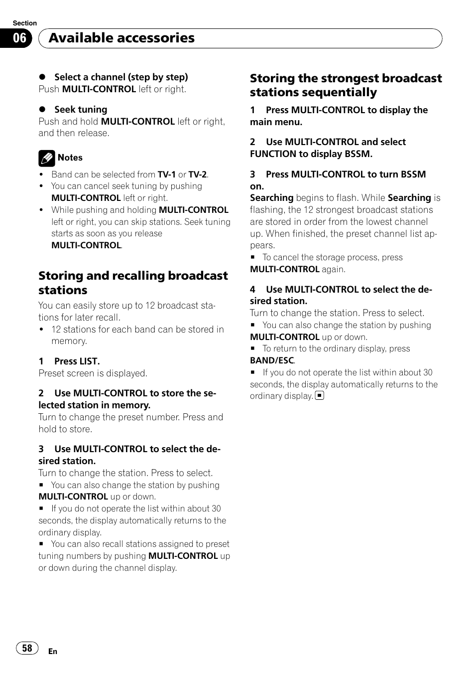 Storing and recalling broadcast, Stations, Storing the strongest broadcast | Stations sequentially, Available accessories, Storing and recalling broadcast stations | Pioneer DEH-P5100UB User Manual | Page 58 / 66