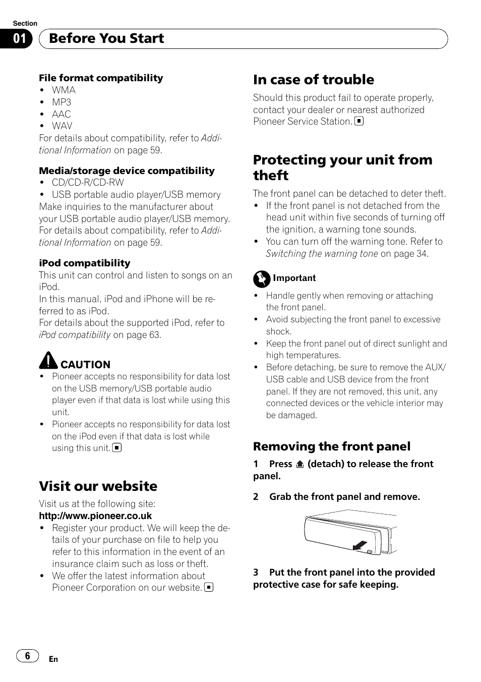 Visit our website, In case of trouble, Protecting your unit from theft | Removing the front panel 6, Before you start, Removing the front panel | Pioneer DEH-P5100UB User Manual | Page 6 / 66