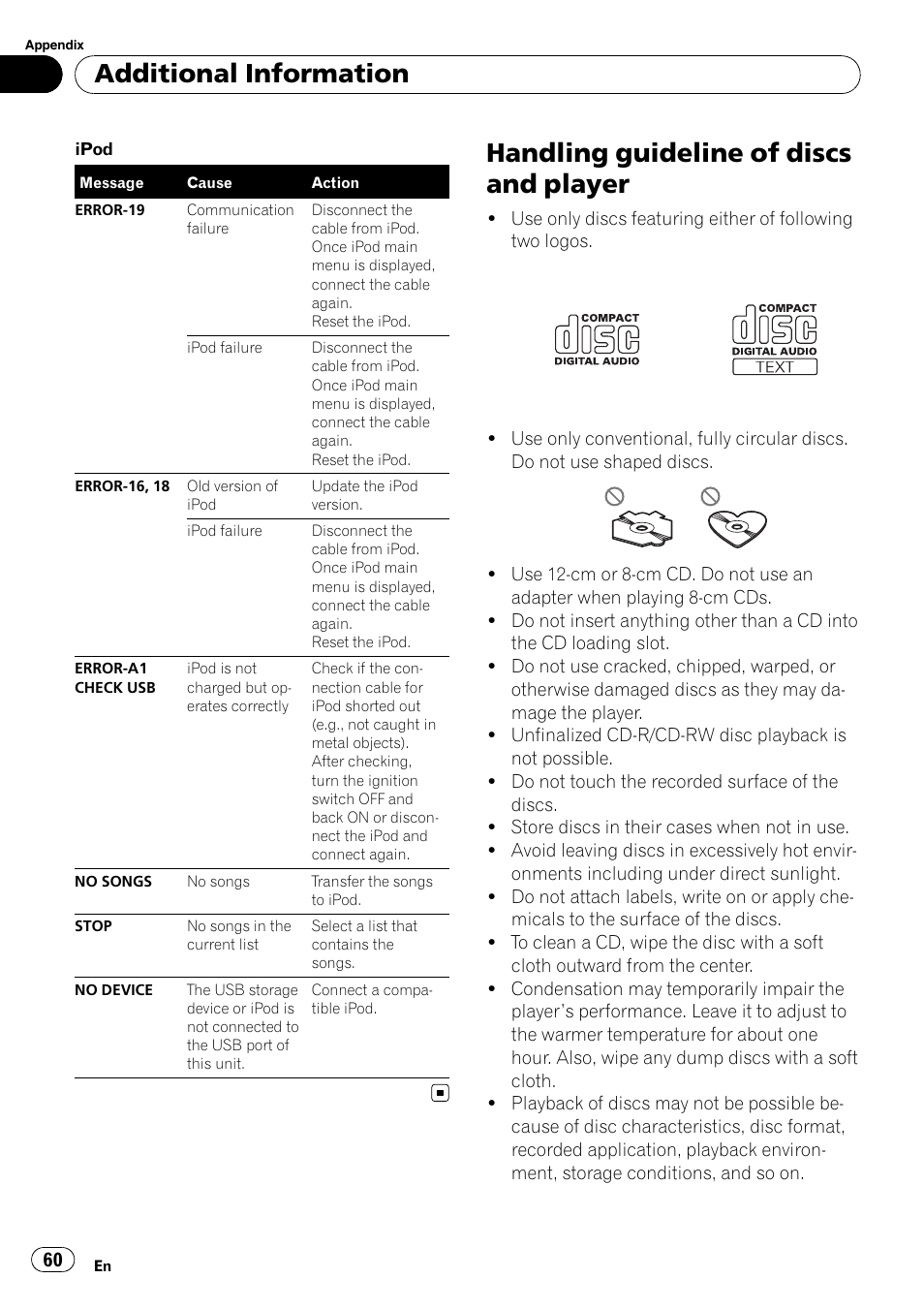 Handling guideline of discs and player, Additional information | Pioneer DEH-P5100UB User Manual | Page 60 / 66
