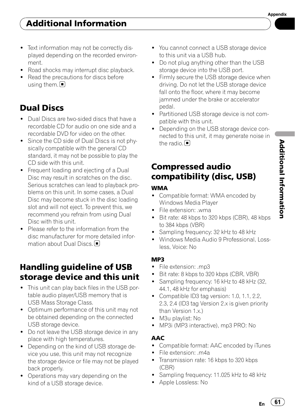 Dual discs, Handling guideline of usb storage device, And this unit | Compressed audio compatibility (disc, Usb), Compressed audio compatibility (disc, usb), Additional information | Pioneer DEH-P5100UB User Manual | Page 61 / 66