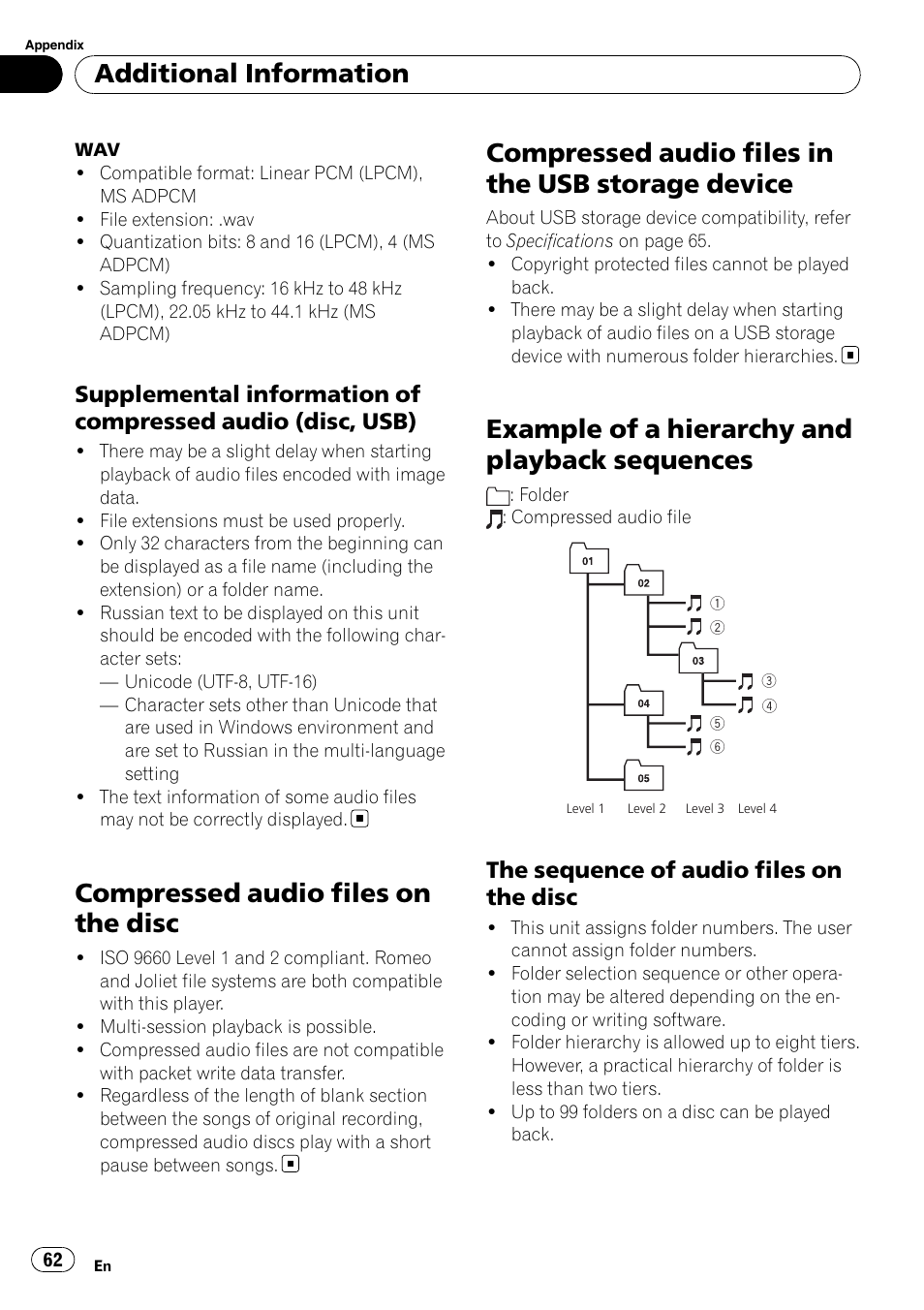 Supplemental information of, Compressed audio (disc, usb), Compressed audio files on the disc | Compressed audio files in the usb storage, Device, Example of a hierarchy and playback, Sequences, The sequence of audio files on the, Disc, Compressed audio files in the usb storage device | Pioneer DEH-P5100UB User Manual | Page 62 / 66