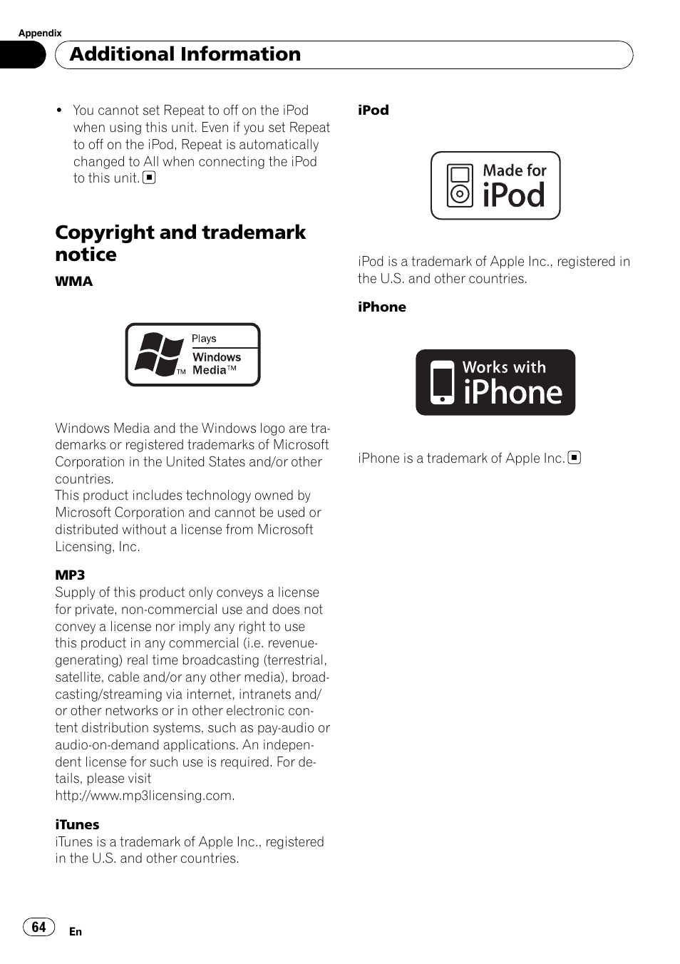 Copyright and trademark notice, Additional information | Pioneer DEH-P5100UB User Manual | Page 64 / 66