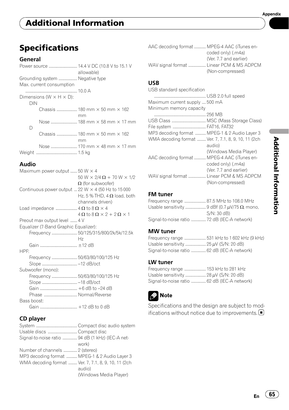 Specifications, Additional information | Pioneer DEH-P5100UB User Manual | Page 65 / 66