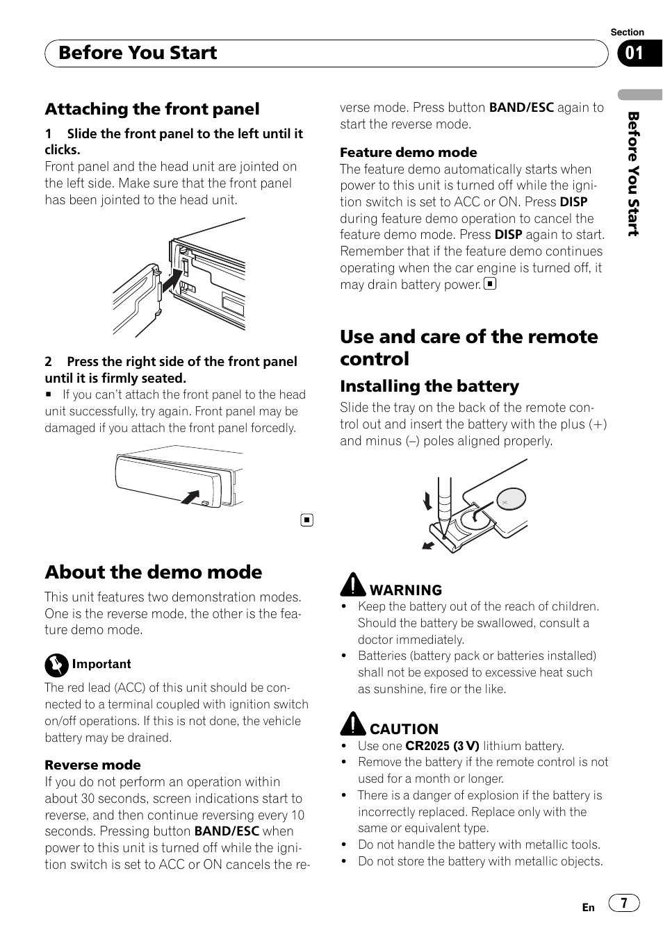Attaching the front panel 7, About the demo mode, Use and care of the remote control | Installing the battery 7, Before you start | Pioneer DEH-P5100UB User Manual | Page 7 / 66