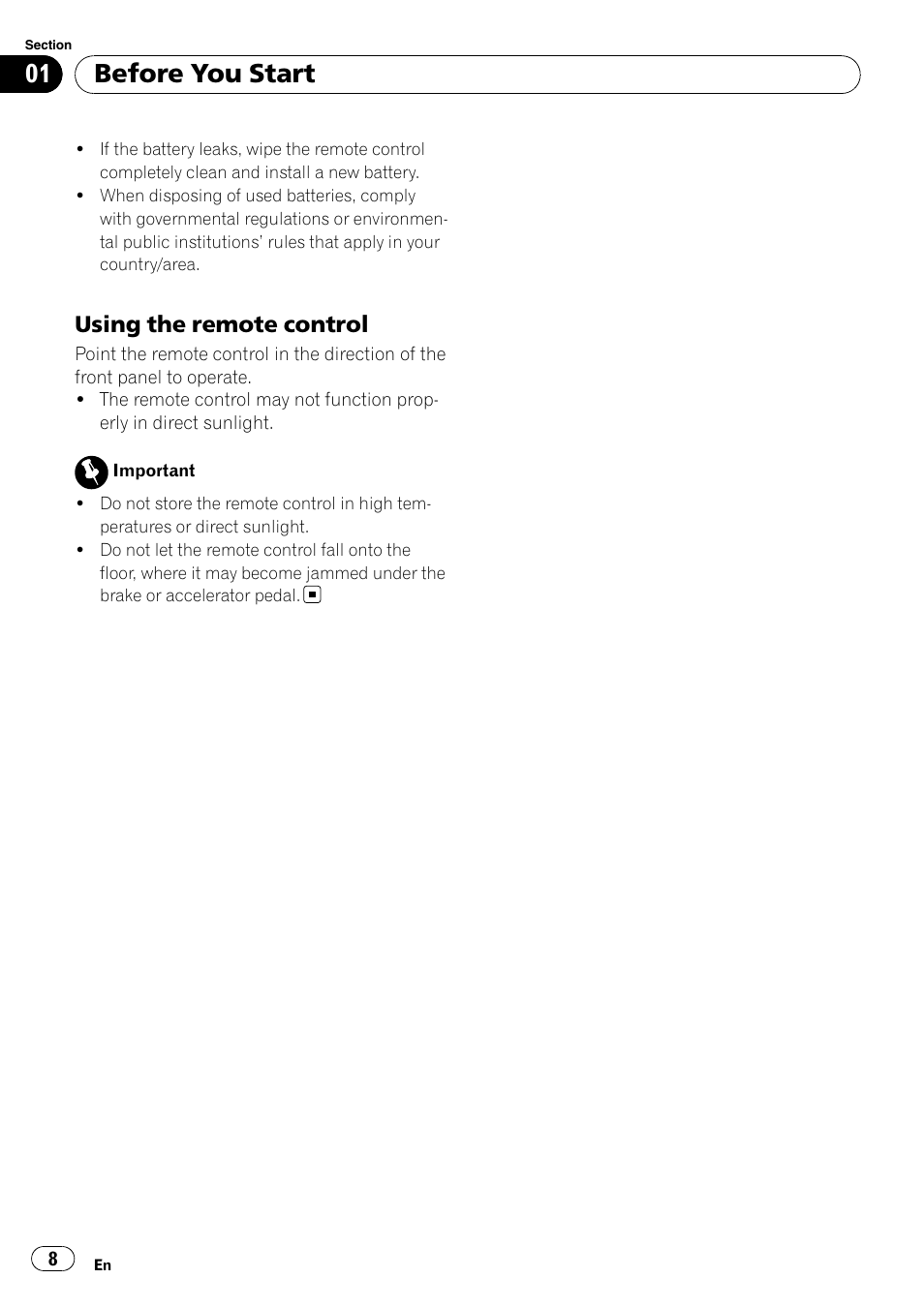 Using the remote control 8, Before you start, Using the remote control | Pioneer DEH-P5100UB User Manual | Page 8 / 66