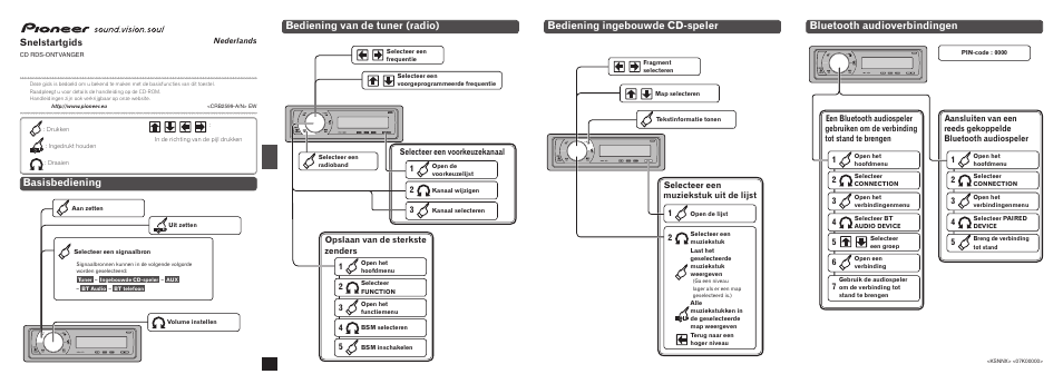 Deh-600bt, Basisbediening, Bediening ingebouwde cd-speler | Bediening van de tuner (radio), Bluetooth audioverbindingen, Snelstartgids, Selecteer een voorkeuzekanaal | Pioneer DEH-600BT User Manual | Page 11 / 14