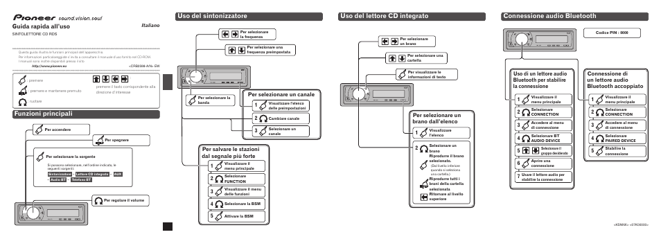 Deh-600bt, Funzioni principali, Uso del lettore cd integrato | Uso del sintonizzatore, Connessione audio bluetooth, Guida rapida all’uso, Per selezionare un canale | Pioneer DEH-600BT User Manual | Page 9 / 14