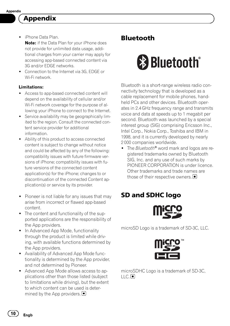 Bluetooth, Sd and sdhc logo, Appendix | Pioneer SPH-DA02 User Manual | Page 10 / 96