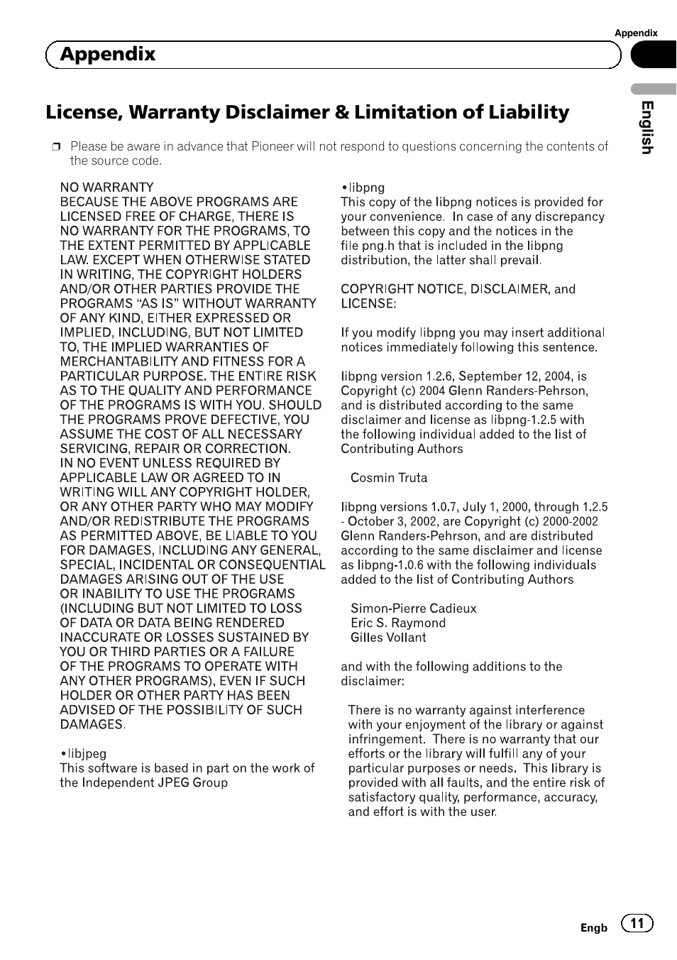 License, warranty disclaimer & limitation of, Liability, Appendix | Pioneer SPH-DA02 User Manual | Page 11 / 96