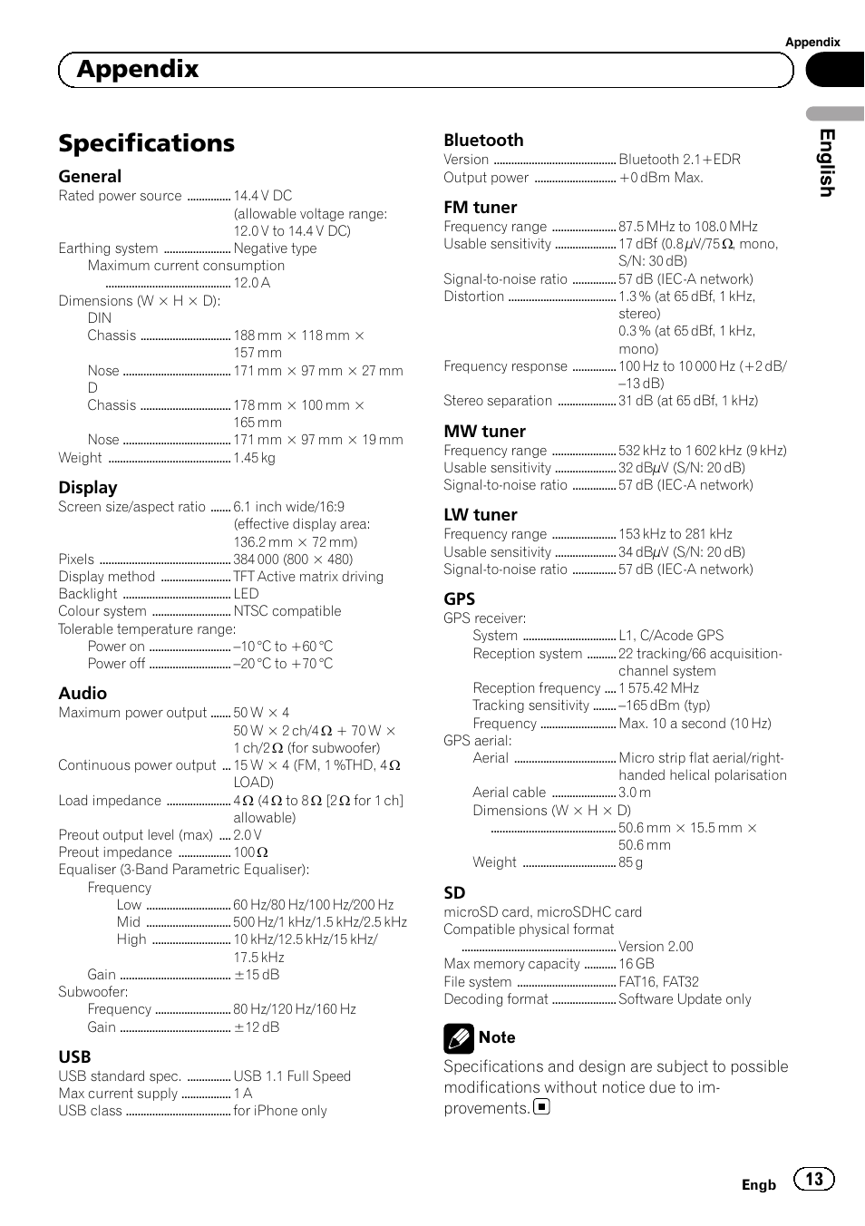 Specifications, Appendix, English | Pioneer SPH-DA02 User Manual | Page 13 / 96
