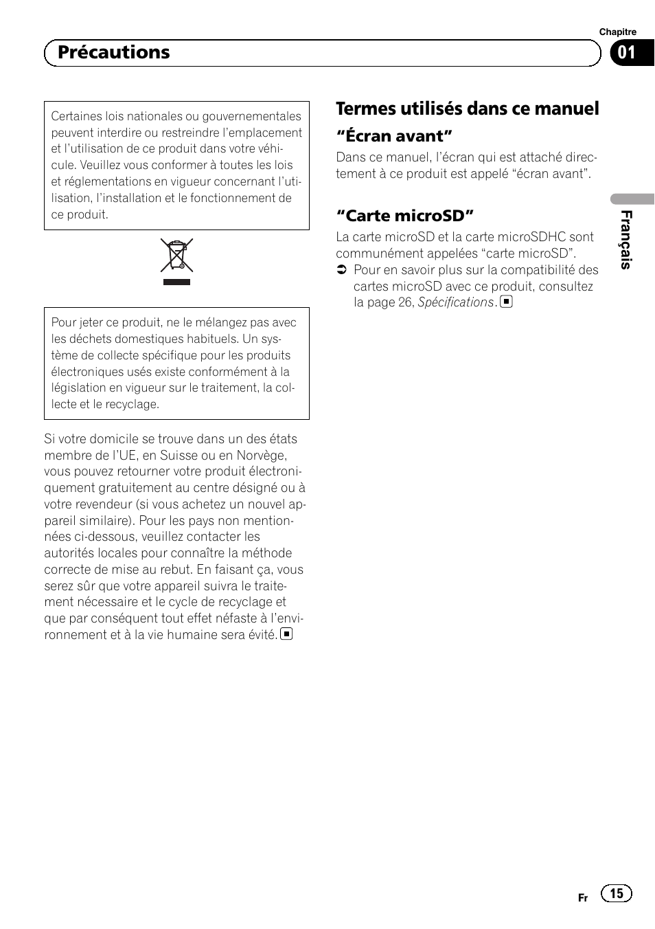 Précautions, Termes utilisés dans ce manuel, Écran avant” 15 | Carte microsd” 15, 01 précautions, Écran avant, Carte microsd | Pioneer SPH-DA02 User Manual | Page 15 / 96