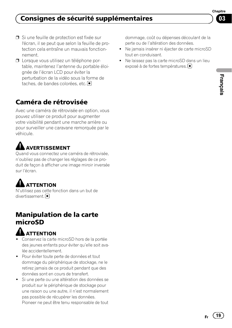 Caméra de rétrovisée, Manipulation de la carte microsd, 03 consignes de sécurité supplémentaires | Pioneer SPH-DA02 User Manual | Page 19 / 96