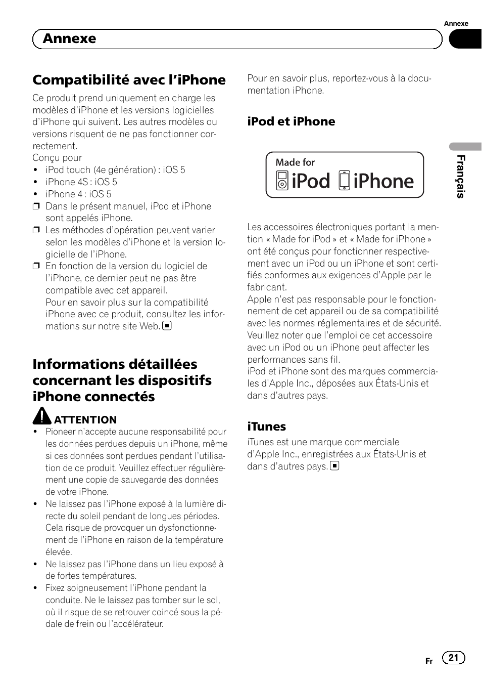 Annexe compatibilité avec l, Iphone 21, Informations détaillées concernant les | Dispositifs iphone connectés, Ipod et iphone 21, Itunes 21, Compatibilité avec l ’iphone, Annexe, Ipod et iphone, Itunes | Pioneer SPH-DA02 User Manual | Page 21 / 96