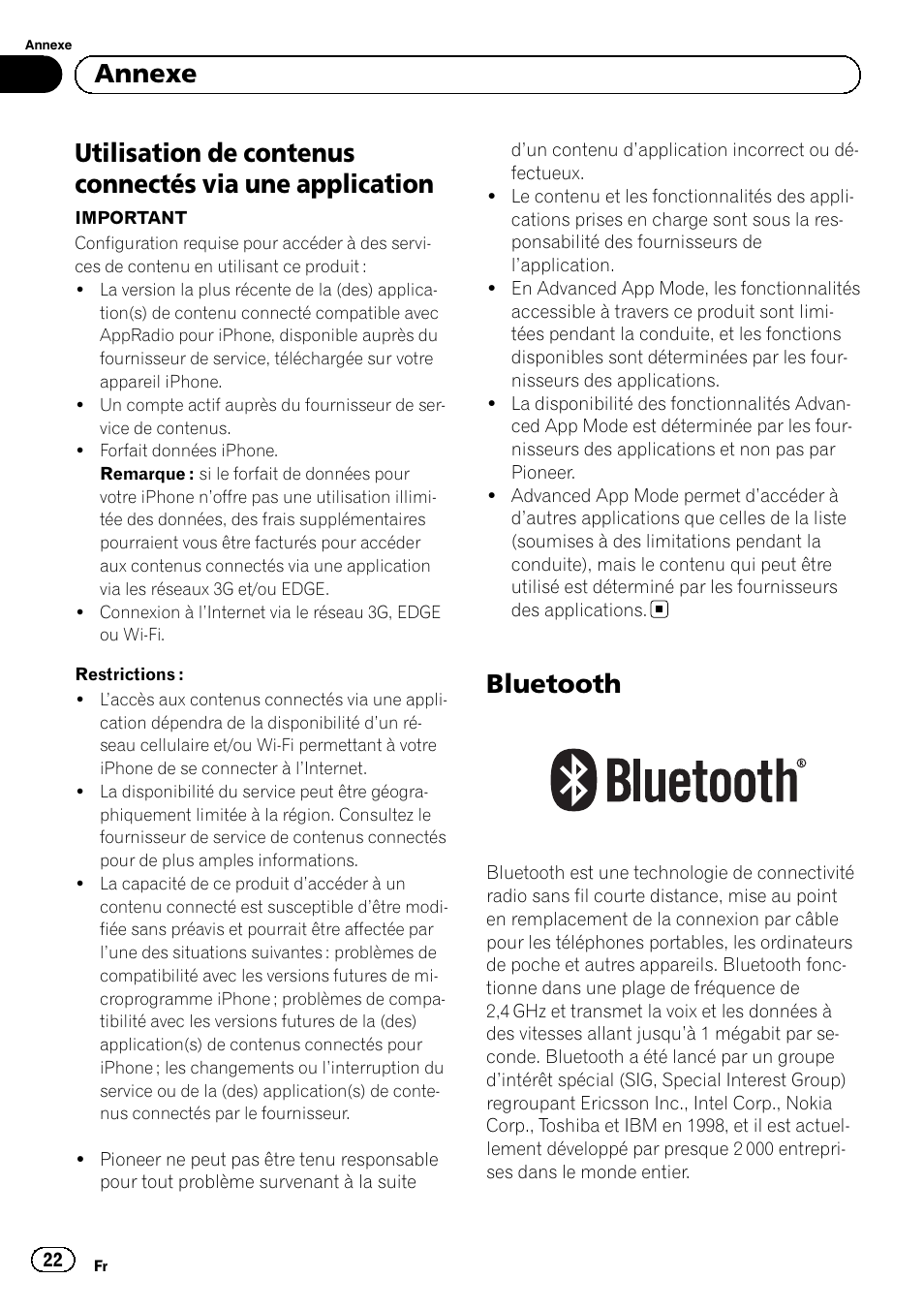 Utilisation de contenus connectés via une, Application, Bluetooth | Annexe | Pioneer SPH-DA02 User Manual | Page 22 / 96