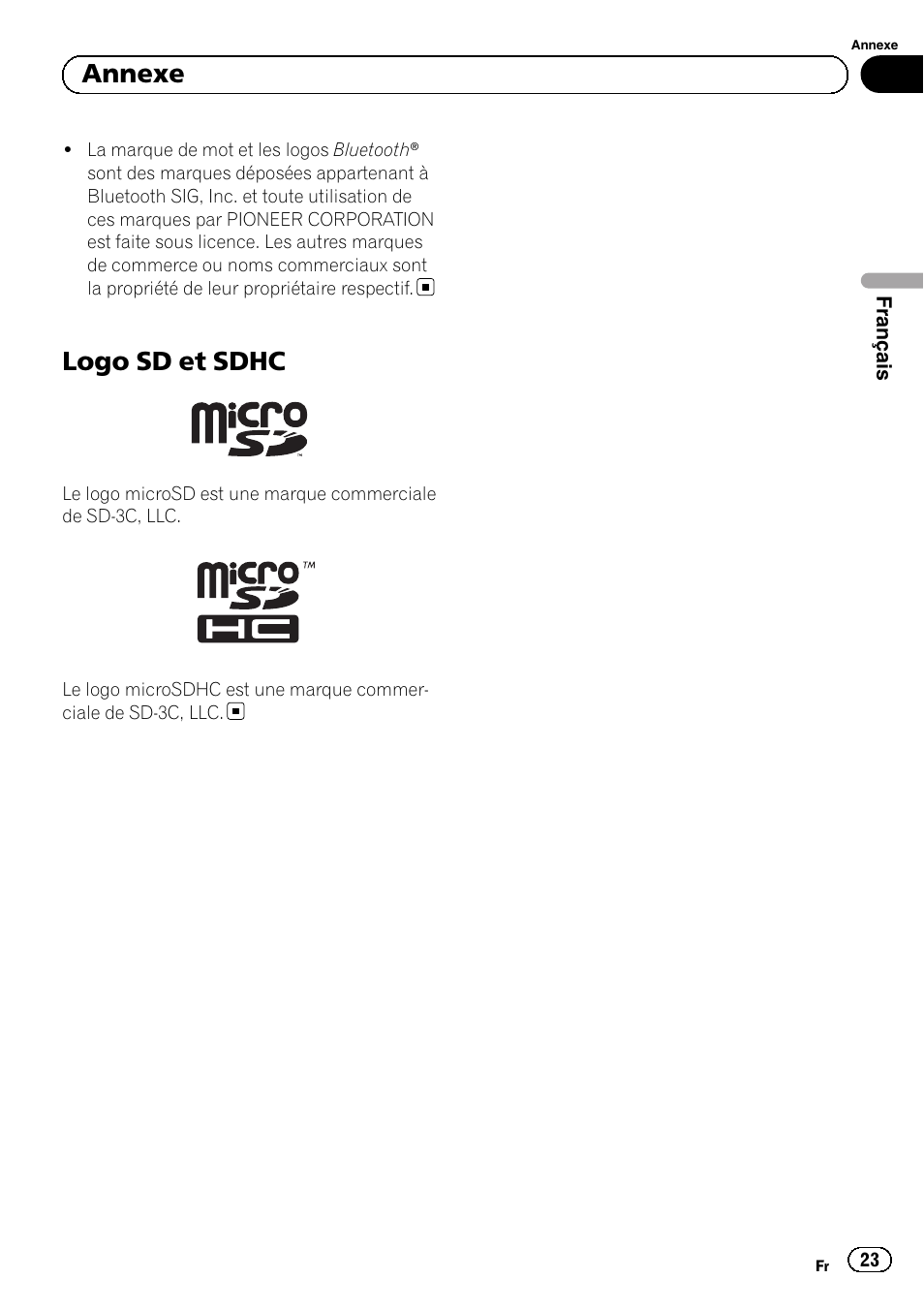 Logo sd et sdhc, Annexe | Pioneer SPH-DA02 User Manual | Page 23 / 96