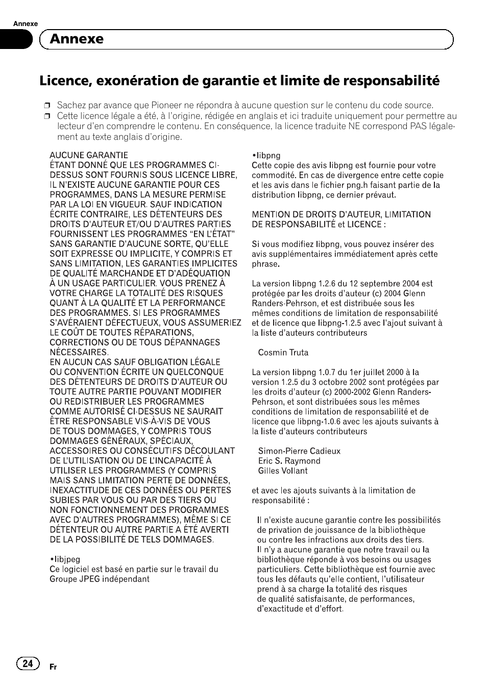 Licence, exonération de garantie et limite de, Responsabilité, Annexe | Pioneer SPH-DA02 User Manual | Page 24 / 96