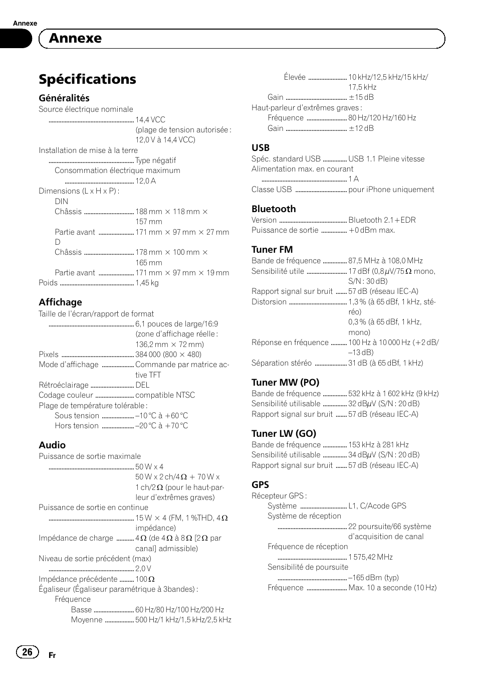Spécifications, Annexe | Pioneer SPH-DA02 User Manual | Page 26 / 96