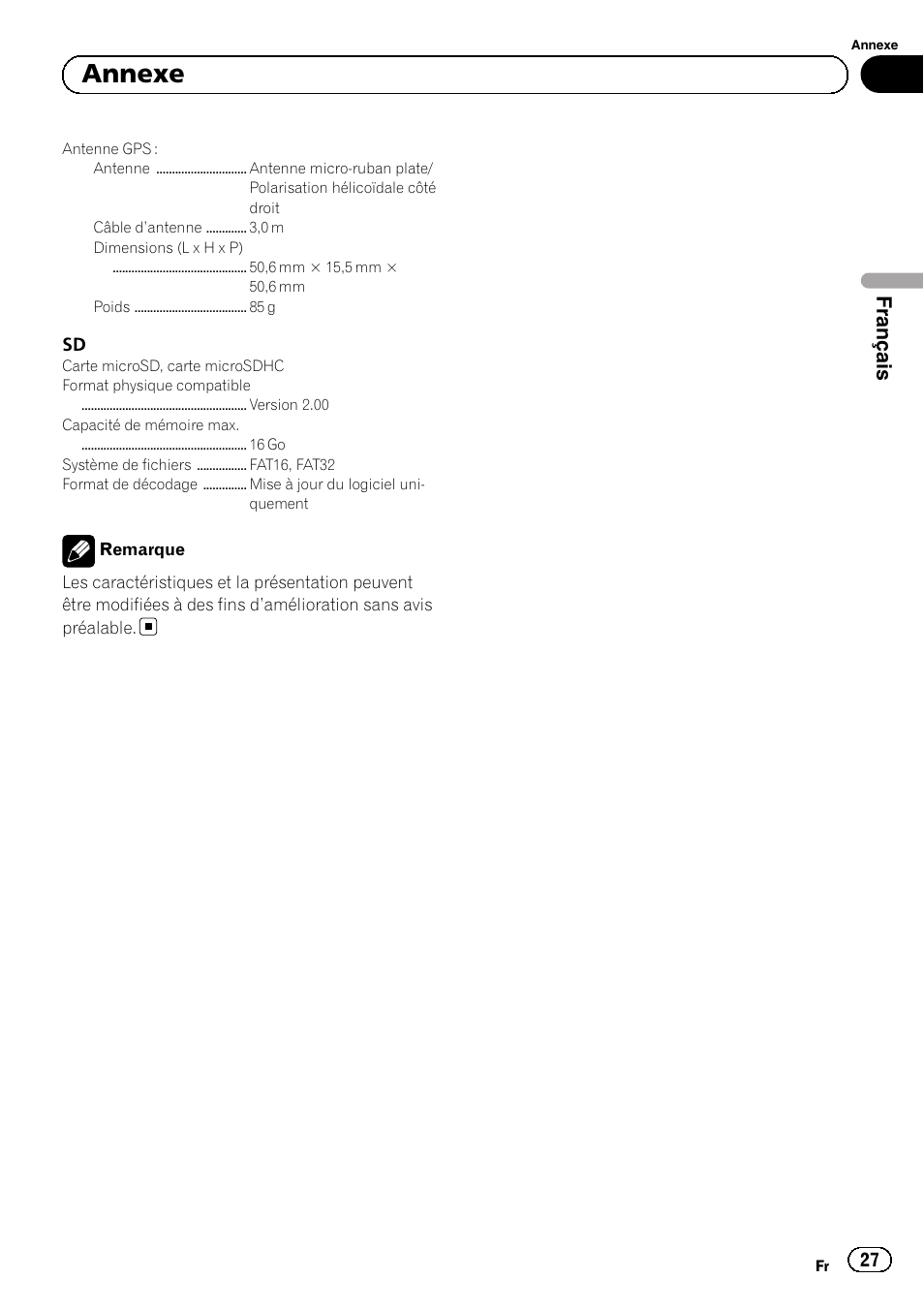 Annexe, Français | Pioneer SPH-DA02 User Manual | Page 27 / 96