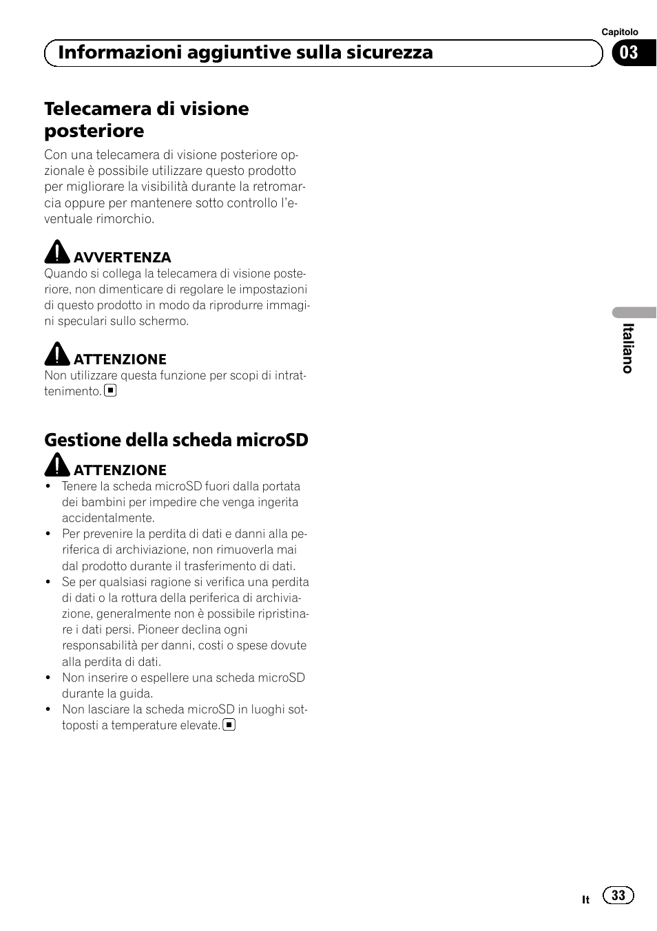 Telecamera di visione posteriore, Gestione della scheda microsd, 03 informazioni aggiuntive sulla sicurezza | Pioneer SPH-DA02 User Manual | Page 33 / 96