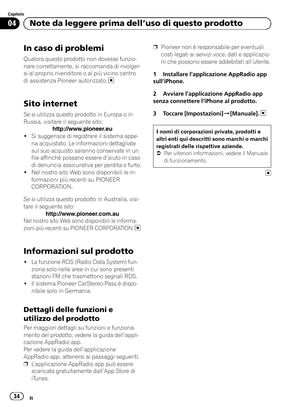 Note da leggere prima dell, Uso di questo, Prodotto in caso di problemi | Sito internet, Informazioni sul prodotto, Dettagli delle funzioni e utilizzo del, Prodotto | Pioneer SPH-DA02 User Manual | Page 34 / 96