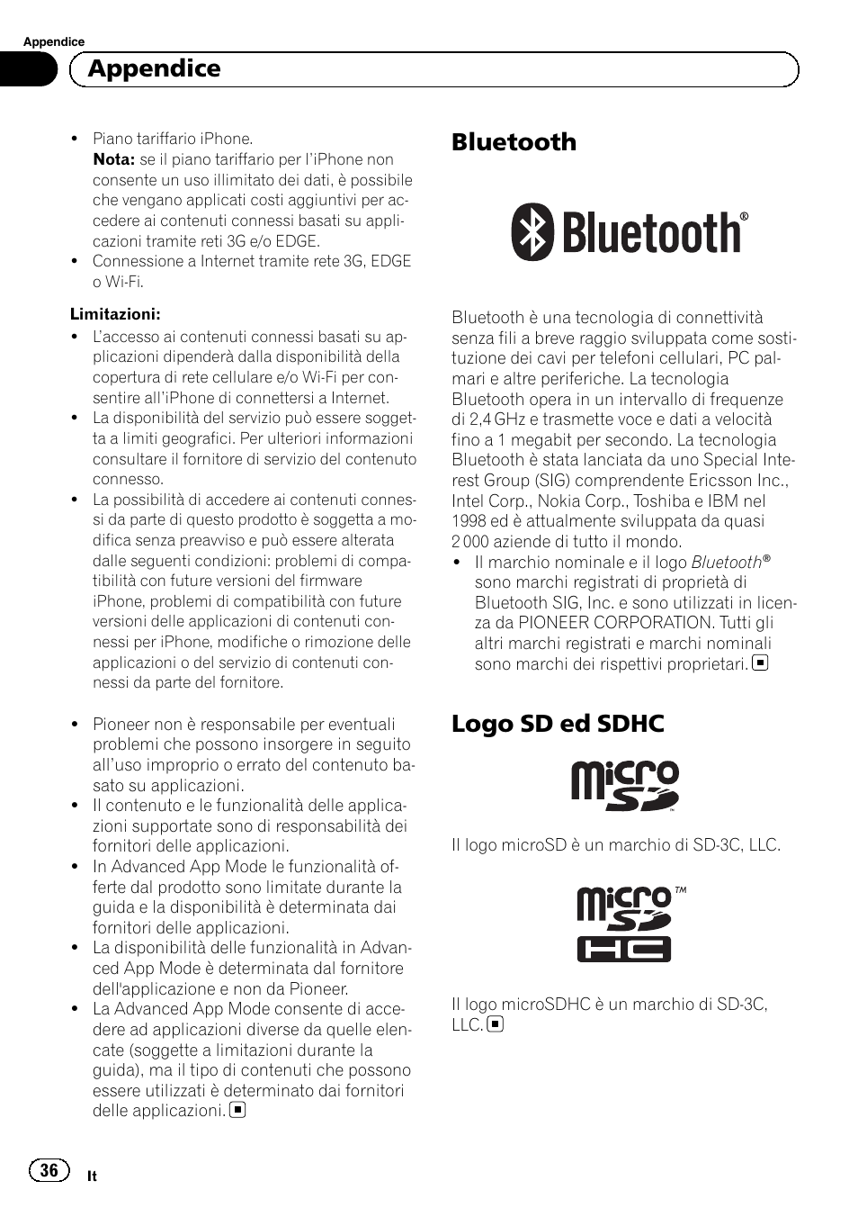 Bluetooth, Logo sd ed sdhc, Appendice | Pioneer SPH-DA02 User Manual | Page 36 / 96