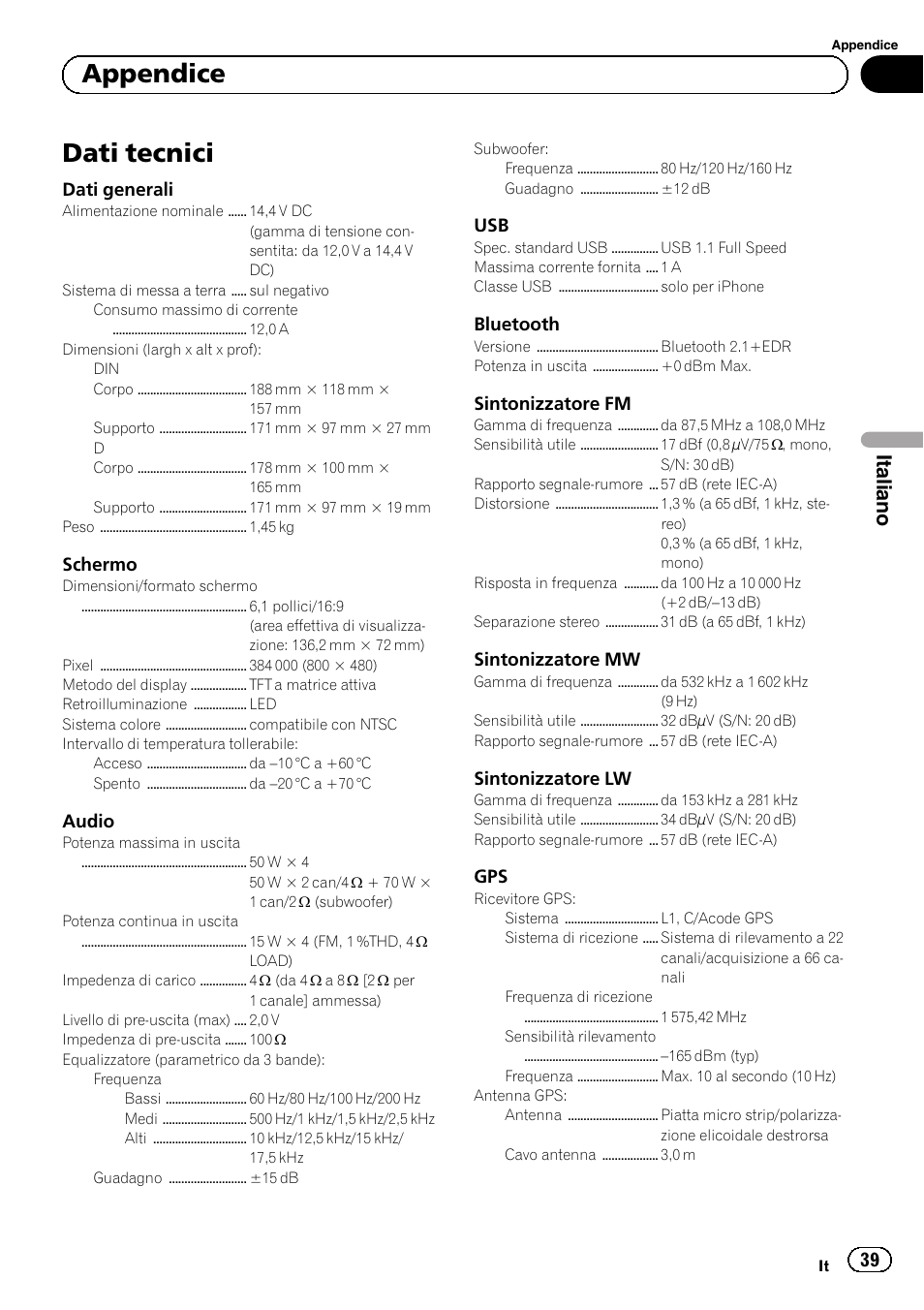 Dati tecnici, Appendice, Italiano | Pioneer SPH-DA02 User Manual | Page 39 / 96