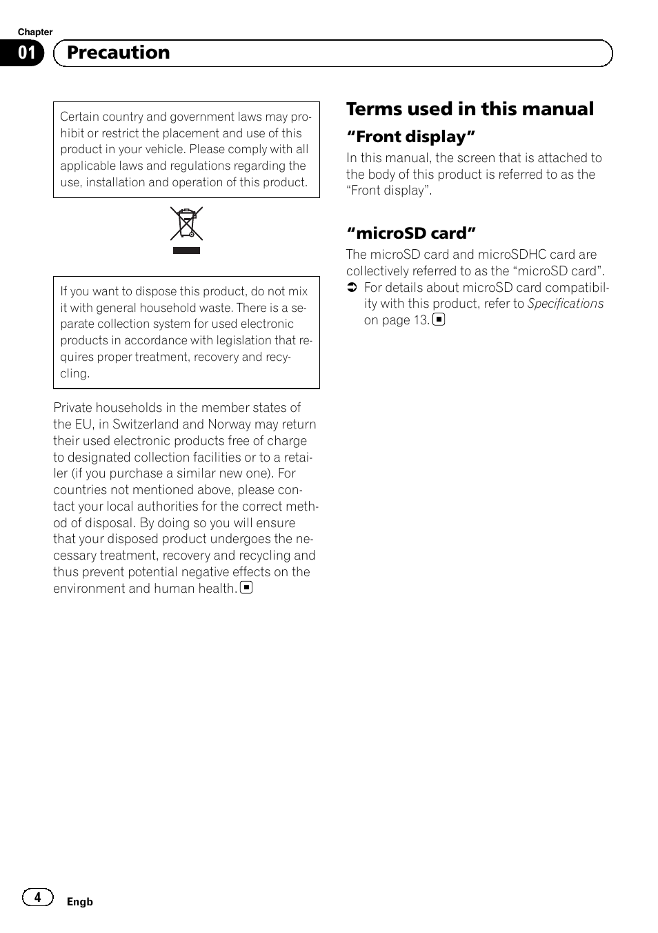 Precaution, Terms used in this manual, Front display” 4 | Microsd card” 4, 01 precaution | Pioneer SPH-DA02 User Manual | Page 4 / 96