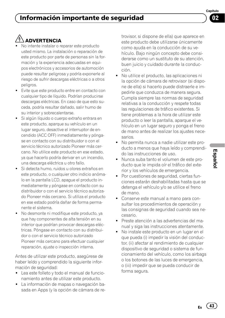 Información importante de seguridad, 02 información importante de seguridad | Pioneer SPH-DA02 User Manual | Page 43 / 96