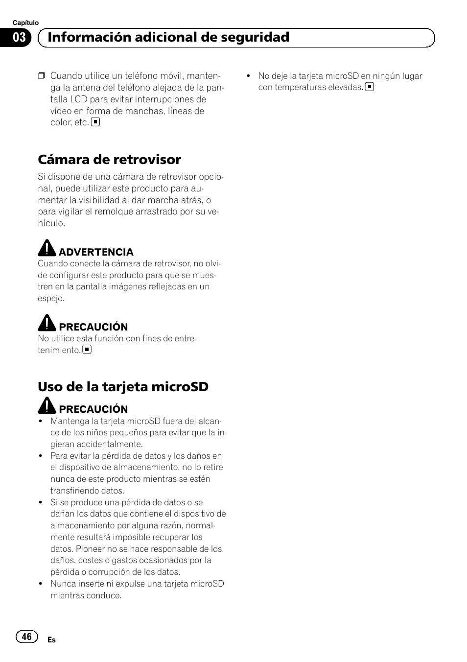 Cámara de retrovisor, Uso de la tarjeta microsd, 03 información adicional de seguridad | Pioneer SPH-DA02 User Manual | Page 46 / 96