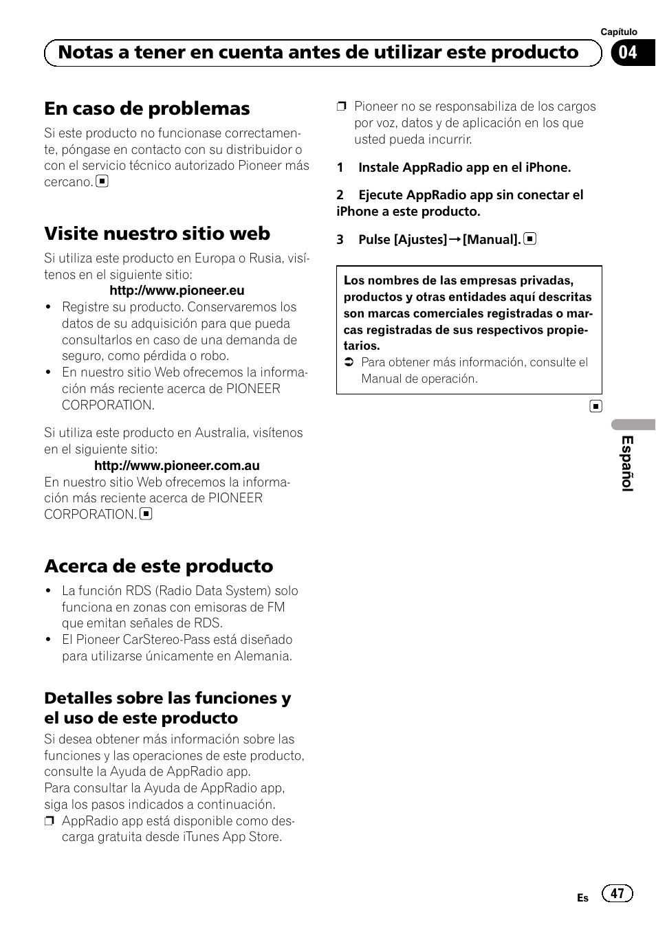Visite nuestro sitio web, Acerca de este producto, Detalles sobre las funciones y el uso de | Este producto, En caso de problemas | Pioneer SPH-DA02 User Manual | Page 47 / 96