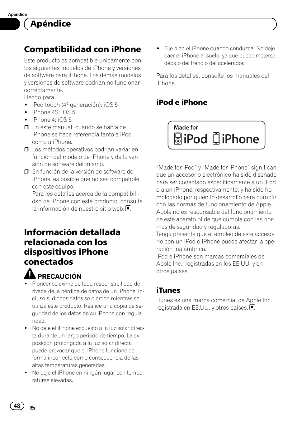 Apéndice compatibilidad con iphone, Información detallada relacionada con los, Dispositivos iphone conectados | Ipod e iphone 48, Itunes 48, Compatibilidad con iphone, Apéndice | Pioneer SPH-DA02 User Manual | Page 48 / 96