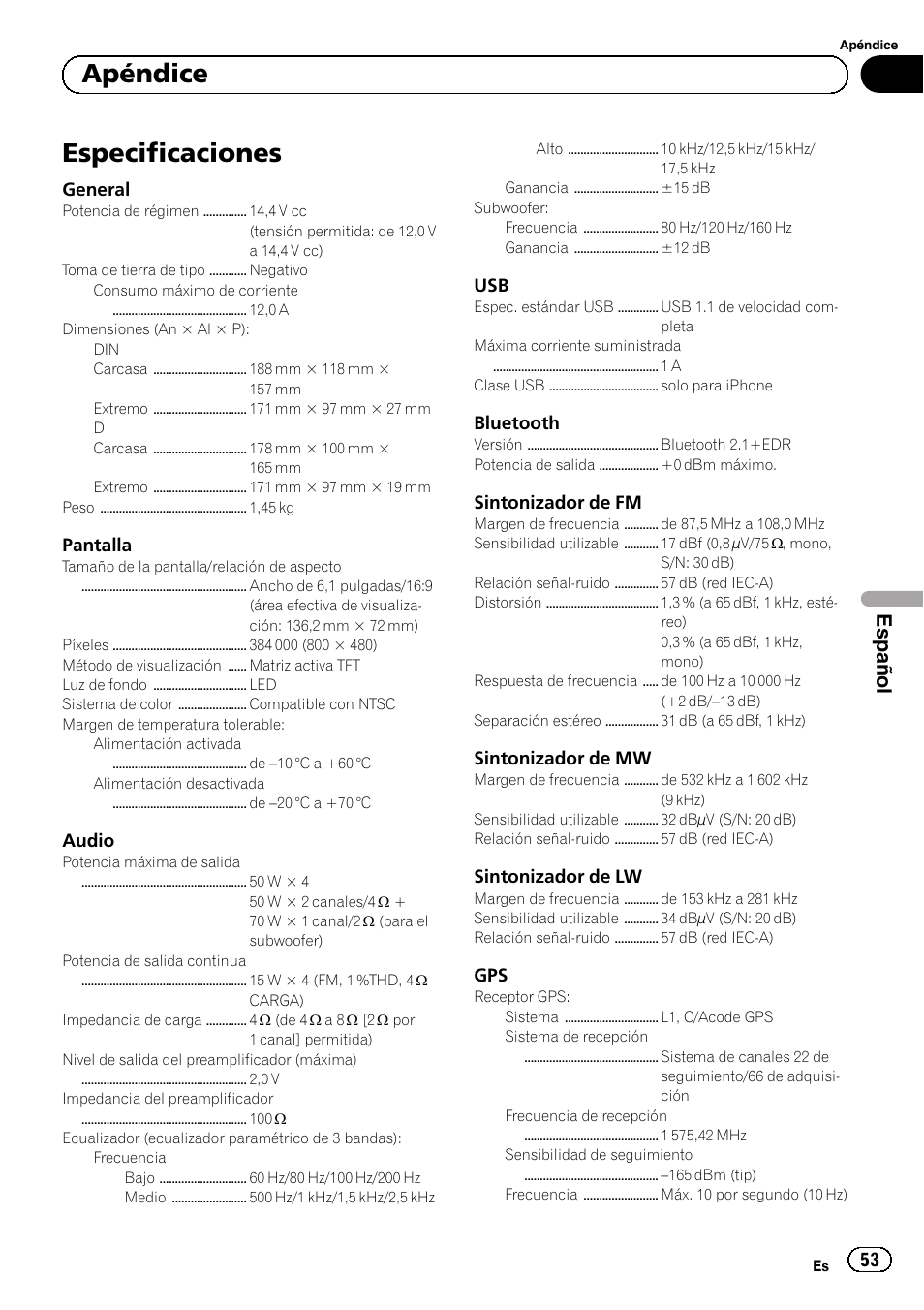 Especificaciones, Apéndice, Español | Pioneer SPH-DA02 User Manual | Page 53 / 96