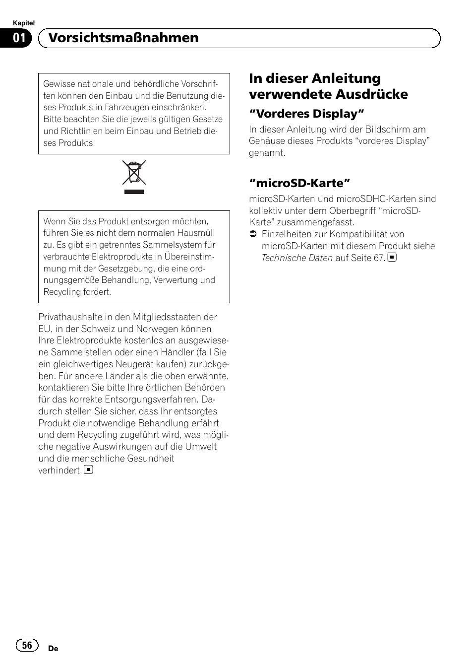 Vorsichtsmaßnahmen, In dieser anleitung verwendete, Ausdrücke | Vorderes display” 56, Microsd-karte” 56, 01 vorsichtsmaßnahmen | Pioneer SPH-DA02 User Manual | Page 56 / 96