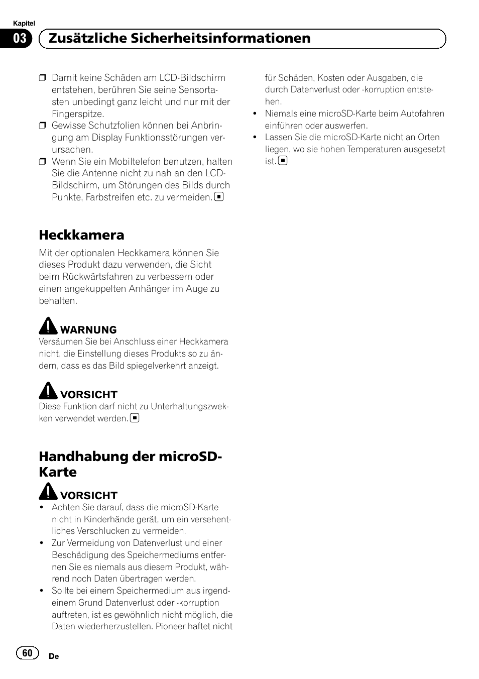 Heckkamera, Handhabung der microsd-karte, Handhabung der microsd- karte | 03 zusätzliche sicherheitsinformationen | Pioneer SPH-DA02 User Manual | Page 60 / 96