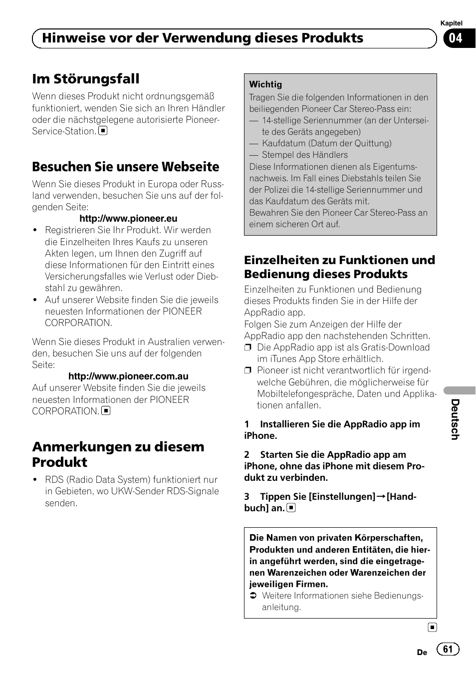 Besuchen sie unsere webseite, Anmerkungen zu diesem produkt, Einzelheiten zu funktionen und | Bedienung dieses produkts, Im störungsfall, 04 hinweise vor der verwendung dieses produkts | Pioneer SPH-DA02 User Manual | Page 61 / 96