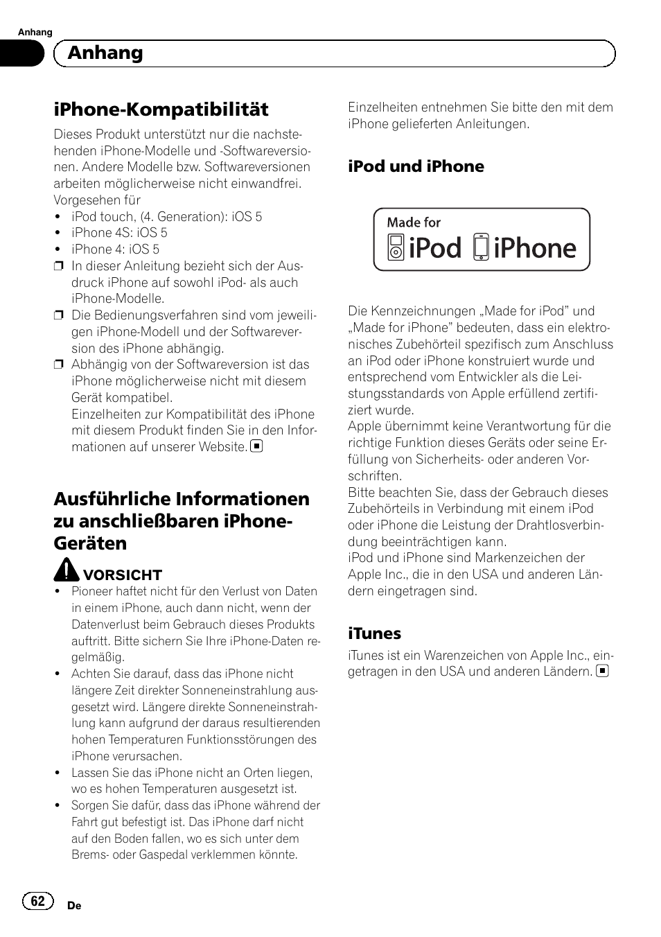 Anhang iphone-kompatibilität, Ausführliche informationen zu, Anschließbaren iphone-geräten | Ipod und iphone 62, Itunes 62, Iphone-kompatibilität, Anhang, Ipod und iphone, Itunes | Pioneer SPH-DA02 User Manual | Page 62 / 96