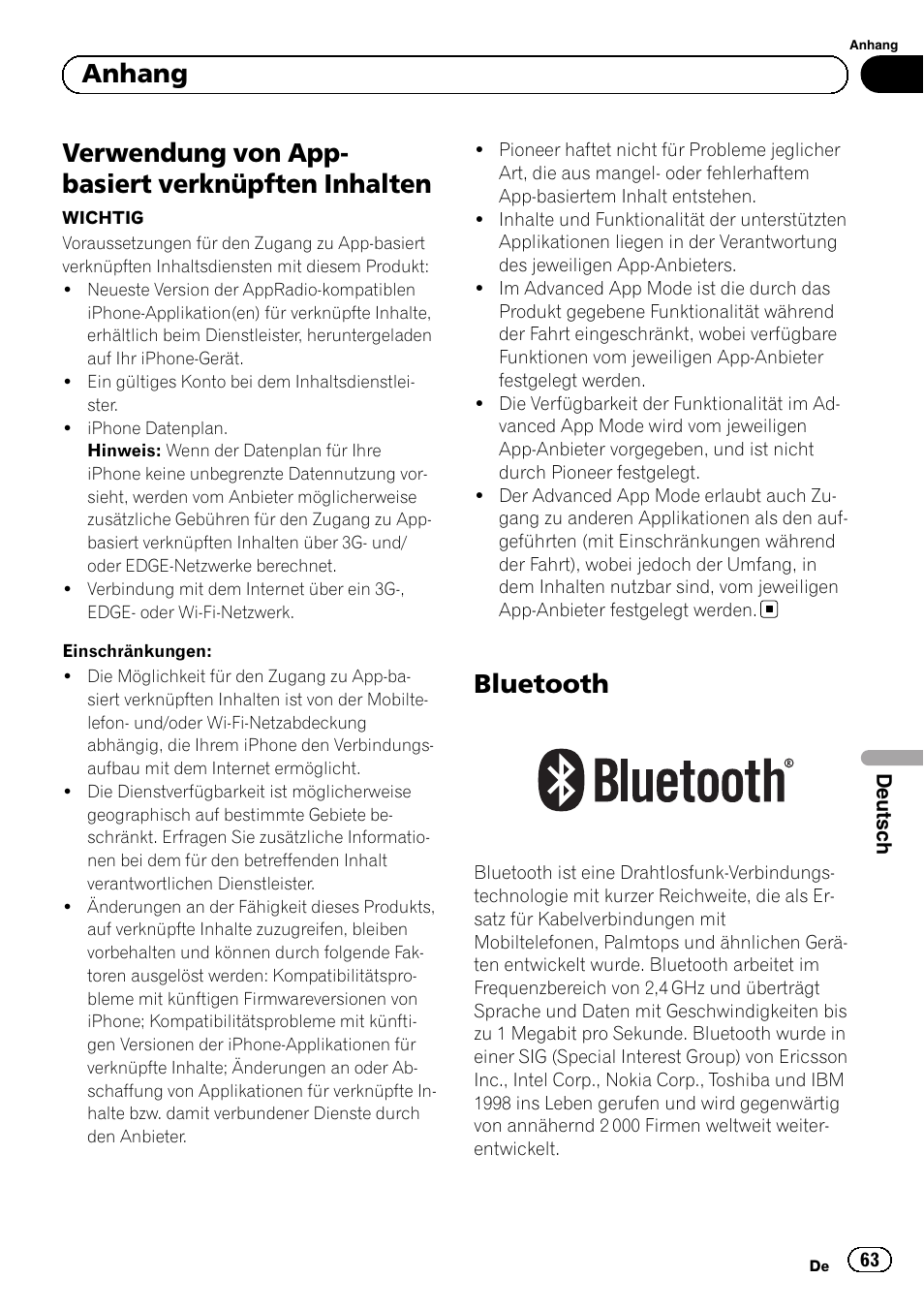 Verwendung von app-basiert verknüpften, Inhalten, Bluetooth | Verwendung von app- basiert verknüpften inhalten, Anhang | Pioneer SPH-DA02 User Manual | Page 63 / 96