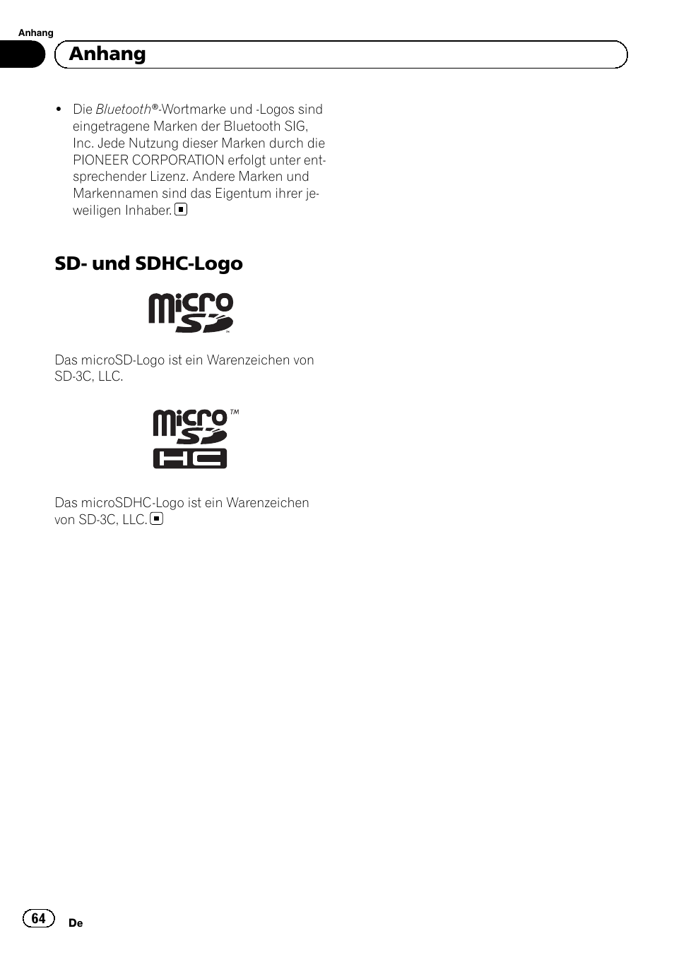 Sd- und sdhc-logo, Anhang | Pioneer SPH-DA02 User Manual | Page 64 / 96