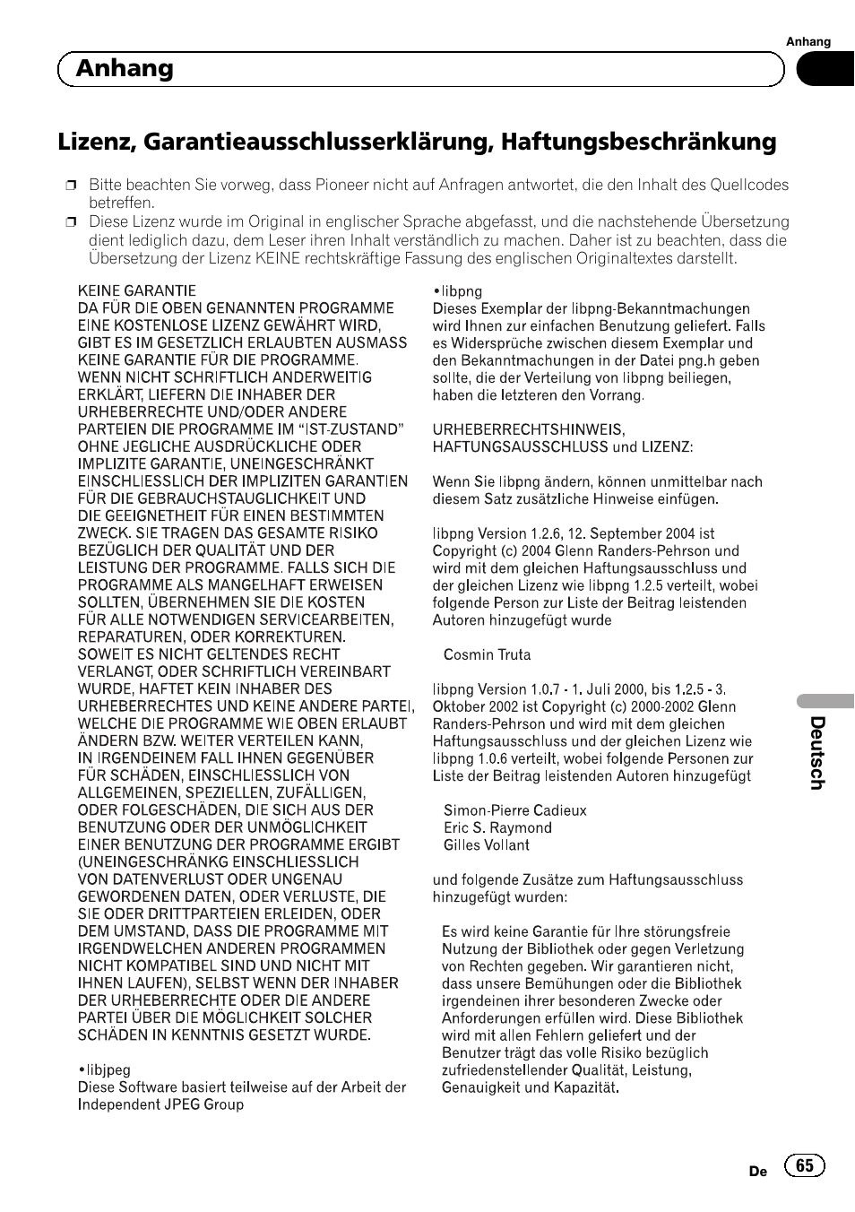 Lizenz, garantieausschlusserklärung, Haftungsbeschränkung, Anhang | Pioneer SPH-DA02 User Manual | Page 65 / 96