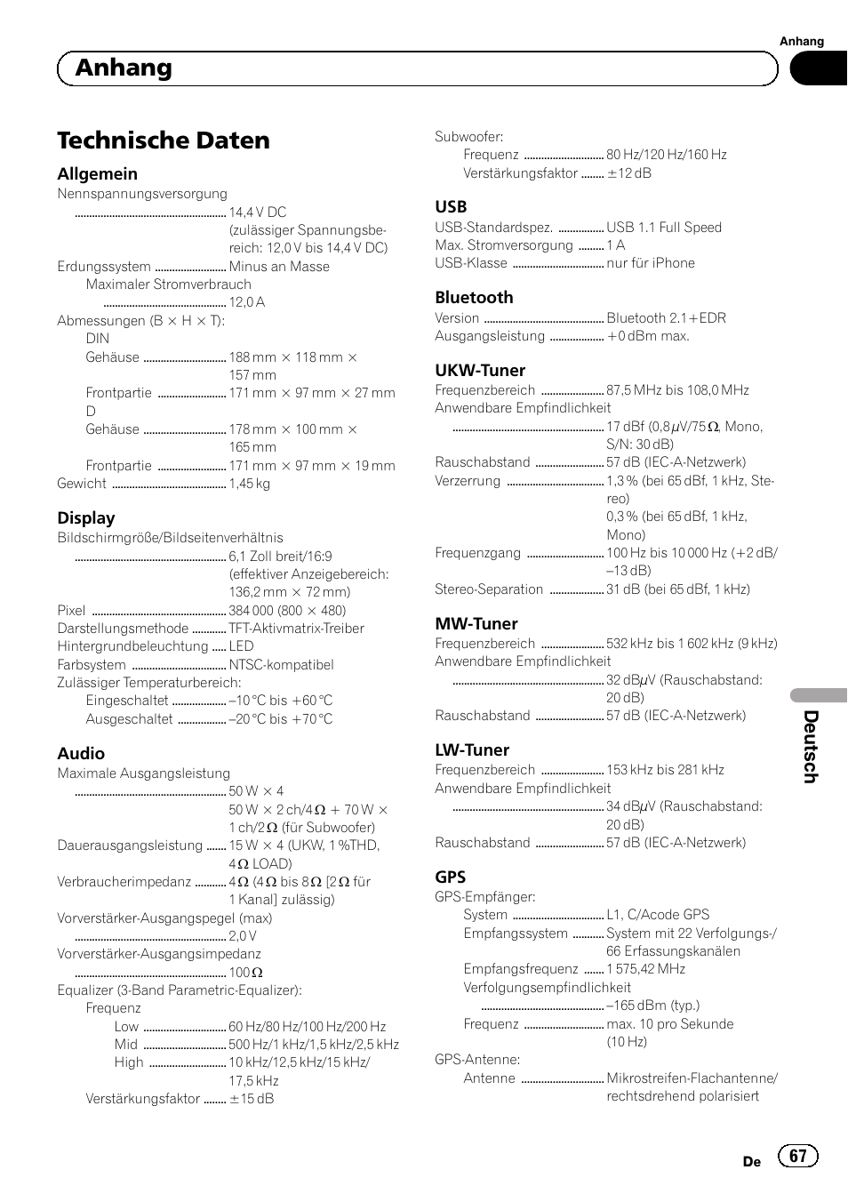 Technische daten, Anhang, Deutsch | Pioneer SPH-DA02 User Manual | Page 67 / 96