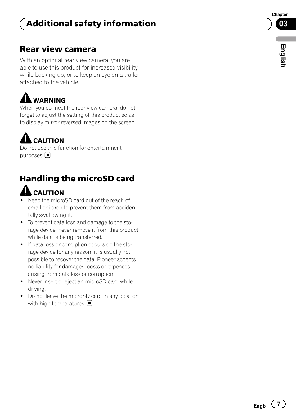Rear view camera, Handling the microsd card, 03 additional safety information | Pioneer SPH-DA02 User Manual | Page 7 / 96